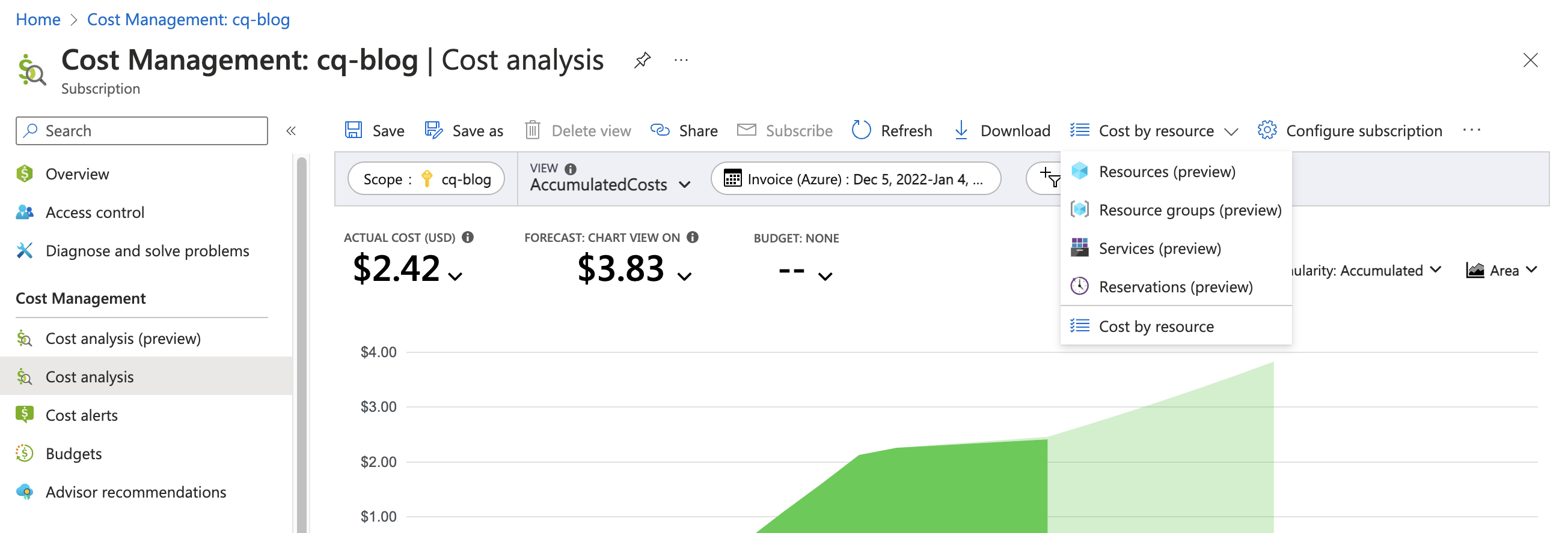 Azure Cost By Resource Menu